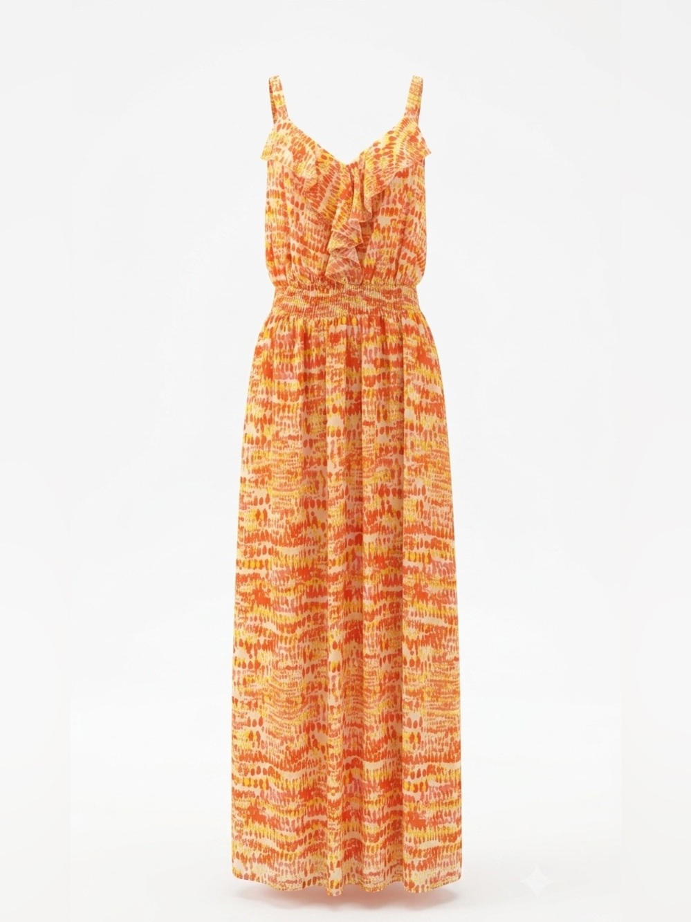 Faded Glory Maxi Dress Coral Yellow Abstract Print Ruffle V-Neck Plus Size 2X